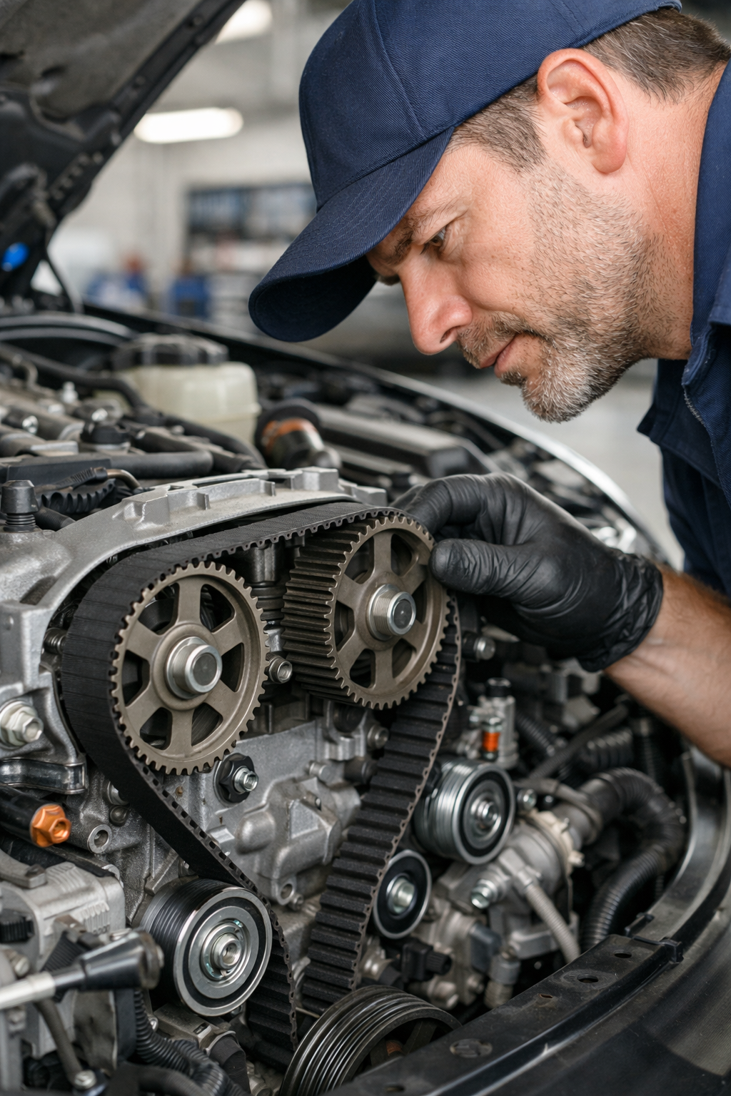 "نمای واقعگرایانه از مکانیک در حال بررسی تسمه تایم در موتور خودرو با جزئیات دقیق از اجزای موتور و تسمه تایم که بهدقت مورد بررسی قرار میگیرد."