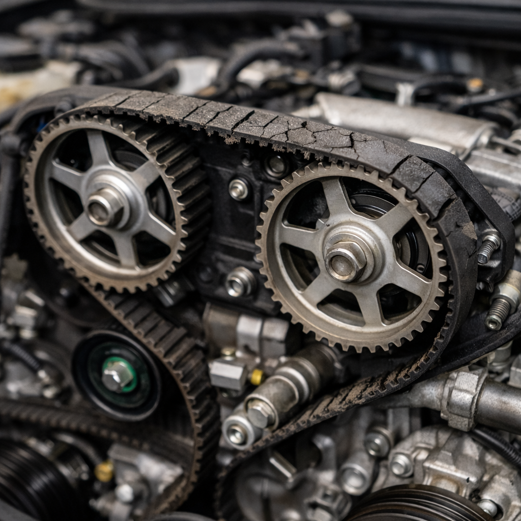 "تصویر واقعگرایانه از یک تسمه تایم آسیبدیده در موتور خودرو، با ترکها و فرسودگی قابل مشاهده که نشاندهنده خرابی تسمه تایم است."