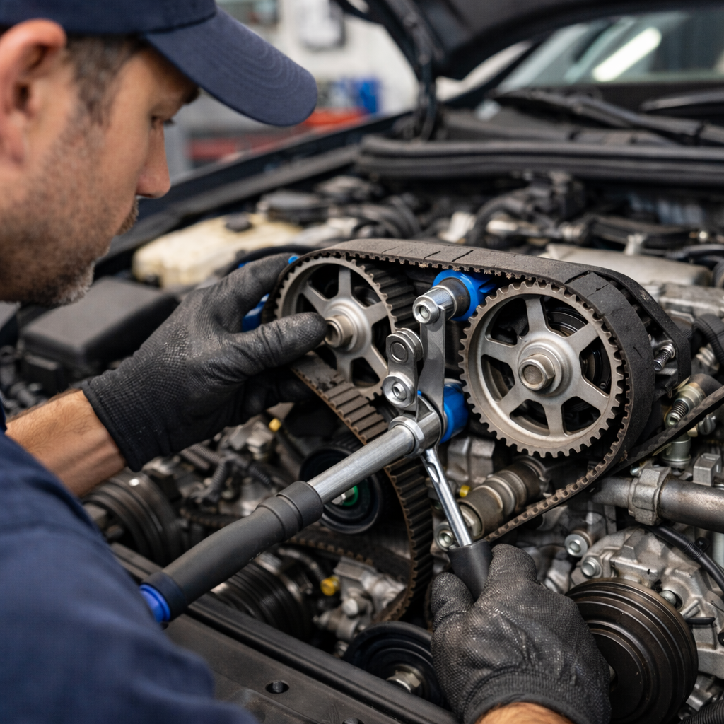 "تصویر واقعگرایانه از یک مکانیک که در حال تعویض تسمه تایم در موتور خودرو است، با استفاده از ابزار تخصصی در یک محیط کارگاه روشن و حرفهای."