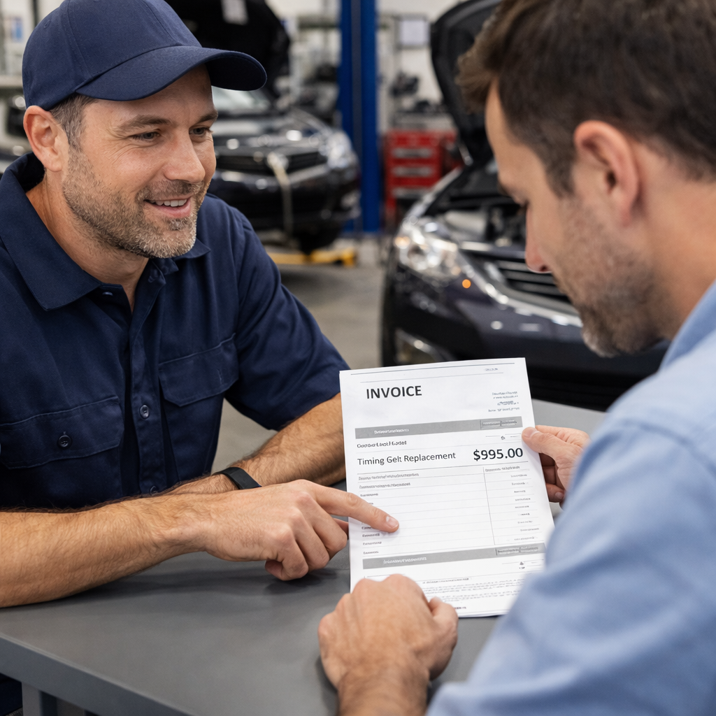 "تصویر با کیفیت بالا از یک مکانیک که در حال توضیح هزینههای تعویض تسمه تایم به صاحب خودرو است، با نمایش فاکتور یا پیشفاکتور روی میز."