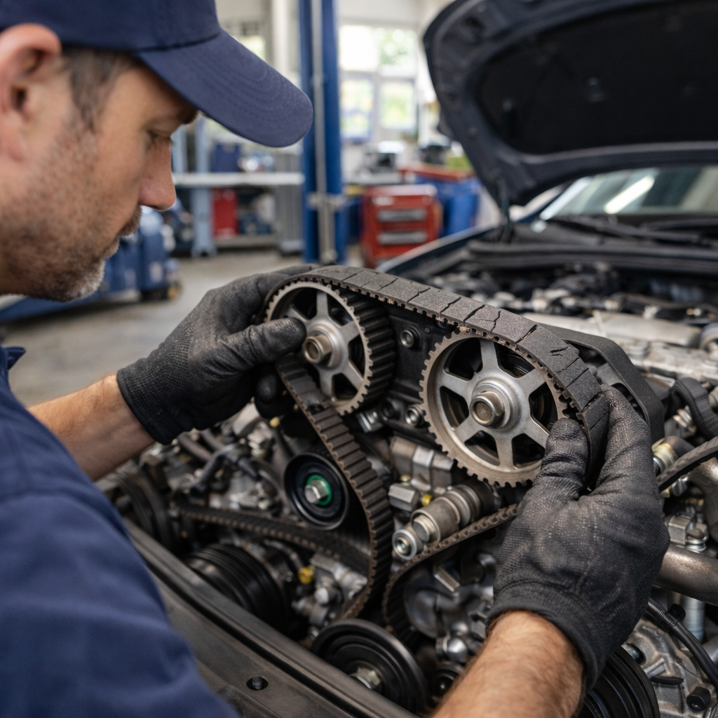 "تصویر واقعگرایانه از یک مکانیک در حال انجام نگهداری منظم خودرو، با نمای نزدیک از بررسی تسمه تایم برای سایش و آسیبدیدگی."