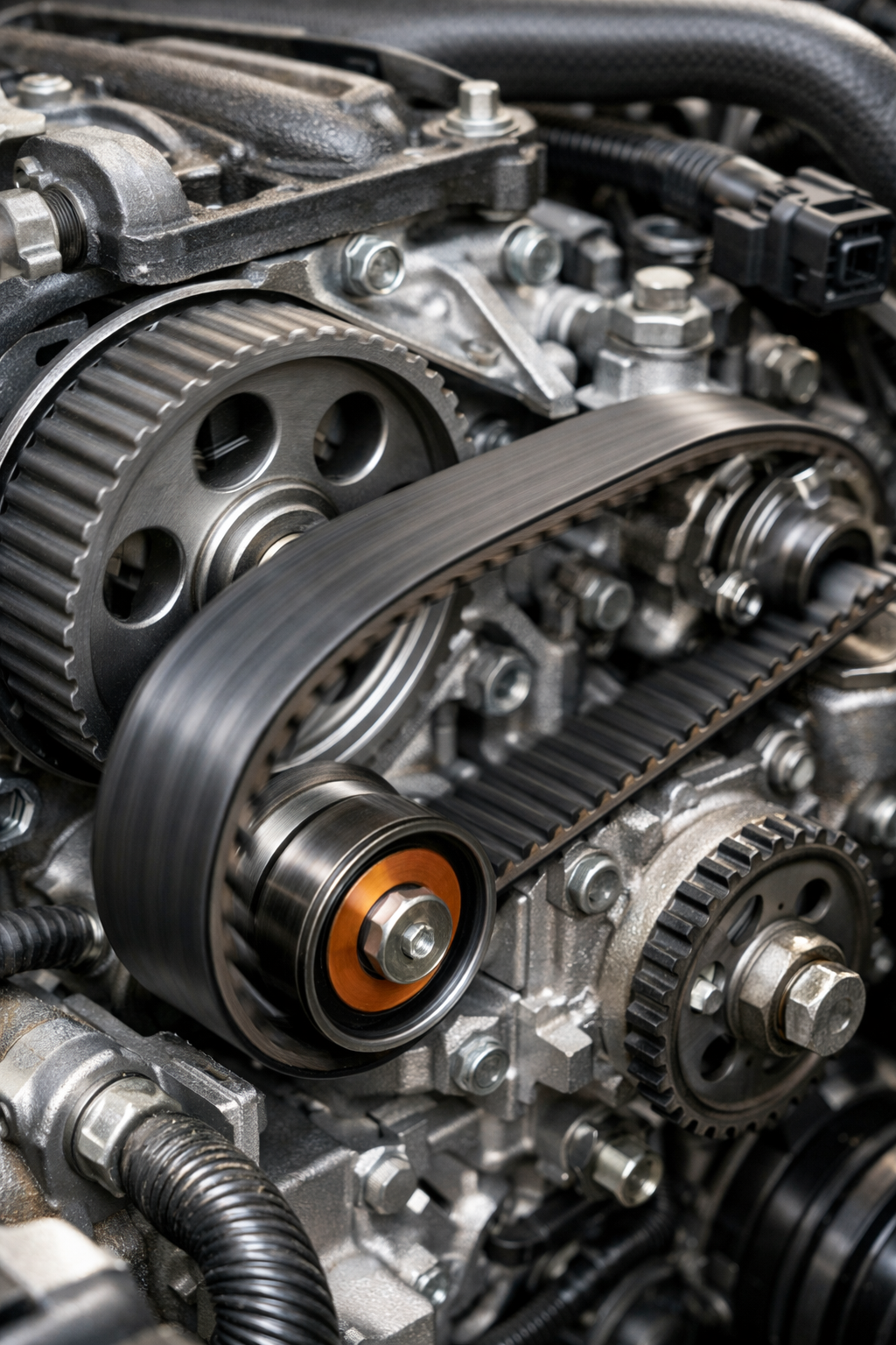 "نمای نزدیک از موتور خودرو با نشان دادن تسمه تایم و اجزای اطراف آن، تمرکز بر روی حرکت تسمه تایم با جزئیات دقیق و نور طبیعی."