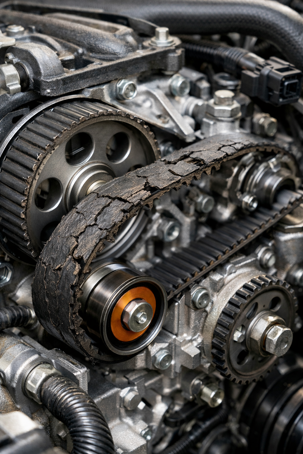 "تصویر واقعگرایانه از یک تسمه تایم که فرسوده یا شکسته است در موتور خودرو، با نمایش ترکها و آسیبهای قابل مشاهده و نور طبیعی."