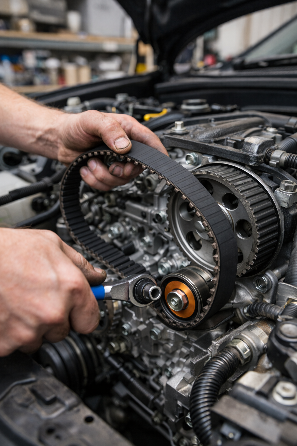 "تصویر واقعگرایانه از یک مکانیک در حال تعویض تسمه تایم در موتور خودرو، نشان دادن دقت در استفاده از ابزار مناسب و نصب درست تسمه تایم."
