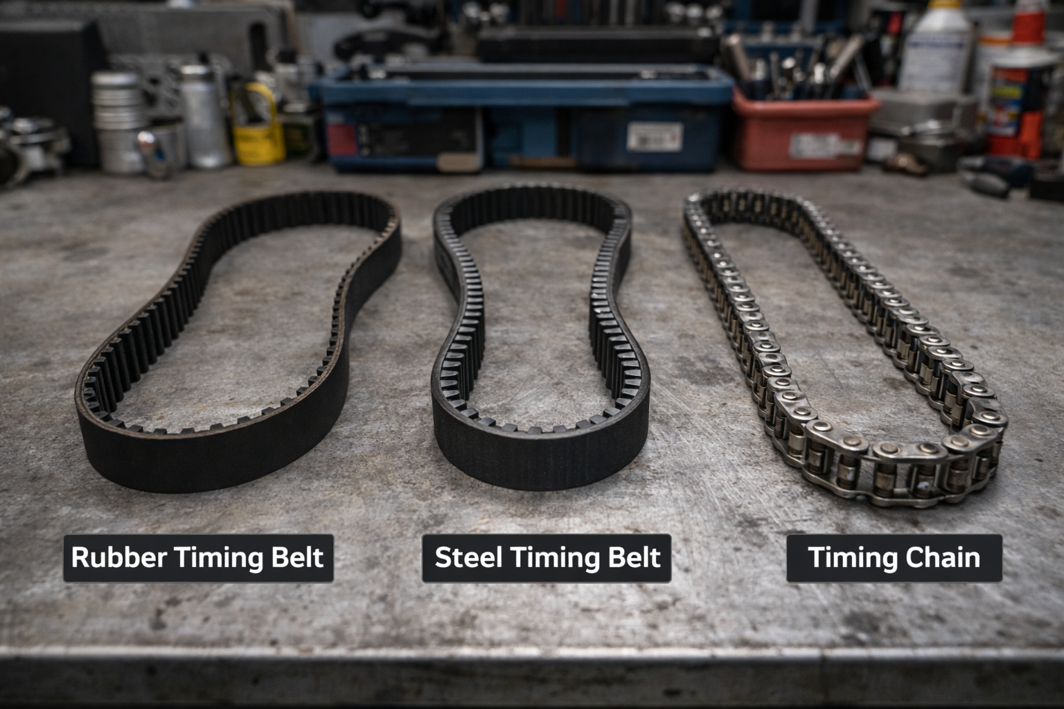 "تصویر واقعگرایانه از انواع مختلف تسمه تایم (لاستیکی، فولادی و زنجیری) که روی یک میز کار قرار دارند، با نمایش ویژگیها و بافتهای هر نوع."