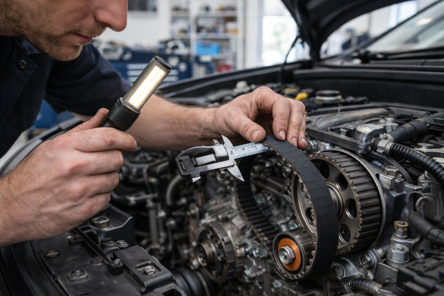 "تصویر واقعگرایانه از یک مکانیک در حال بررسی و کنترل تسمه تایم خودرو در طول یک چکاپ منظم، با استفاده از ابزار دقیق در گاراژ روشن و تمیز."