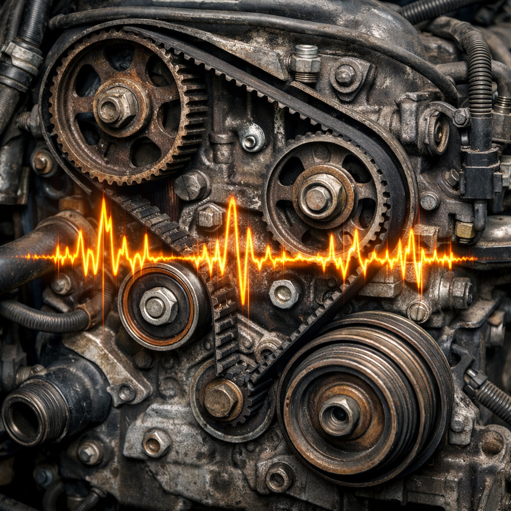 "مکانیک در حال بررسی موتور خودرو با هدف شناسایی خرابی تسمه تایم، تسمه تایم فرسوده و شل را در حال بررسی است."