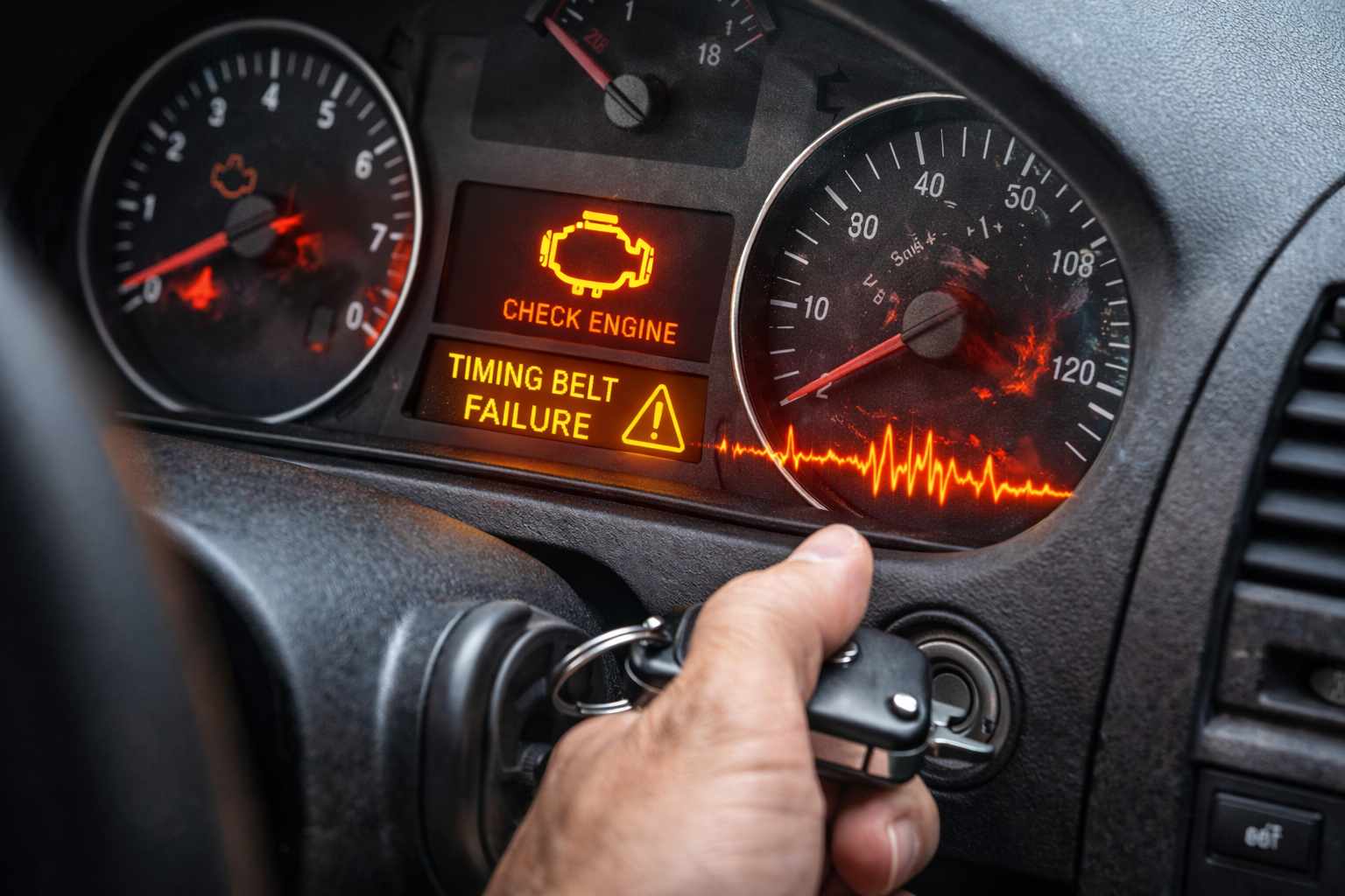 "نمودار مقایسه‌ای با چهار ردیف از علائم خرابی تسمه تایم: صدای غیرعادی موتور، مشکل در استارت، از دست دادن قدرت و عدم هماهنگی تسمه تایم."