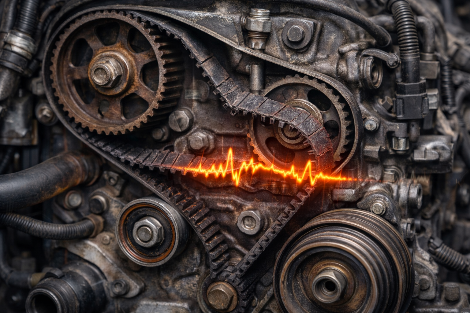 "تصویر موتور آسیب‌دیده با تسمه تایم خراب، نشان‌دهنده آسیب شدید به موتور ناشی از خرابی تسمه تایم، با جزئیات از اجزای شکسته."