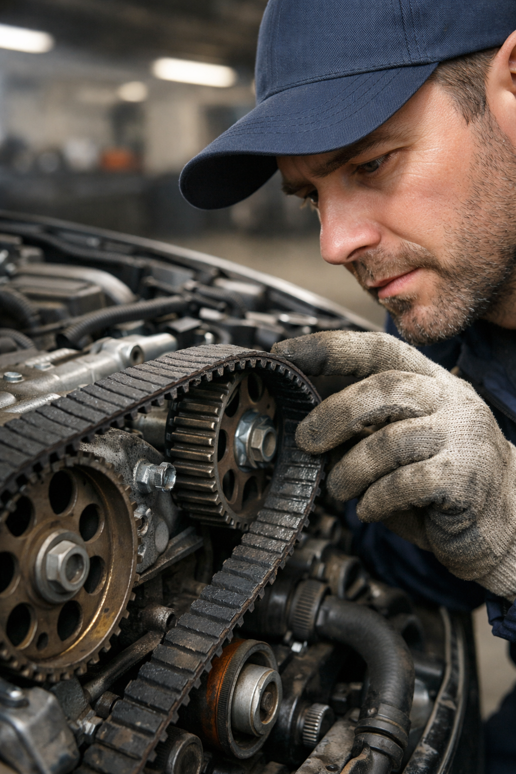 "تصویر واقعگرایانه از یک تسمه تایم آسیبدیده در موتور خودرو، با ترکها و فرسودگی قابل مشاهده، و مکانیک که به آن اشاره میکند در یک تعمیرگاه."
