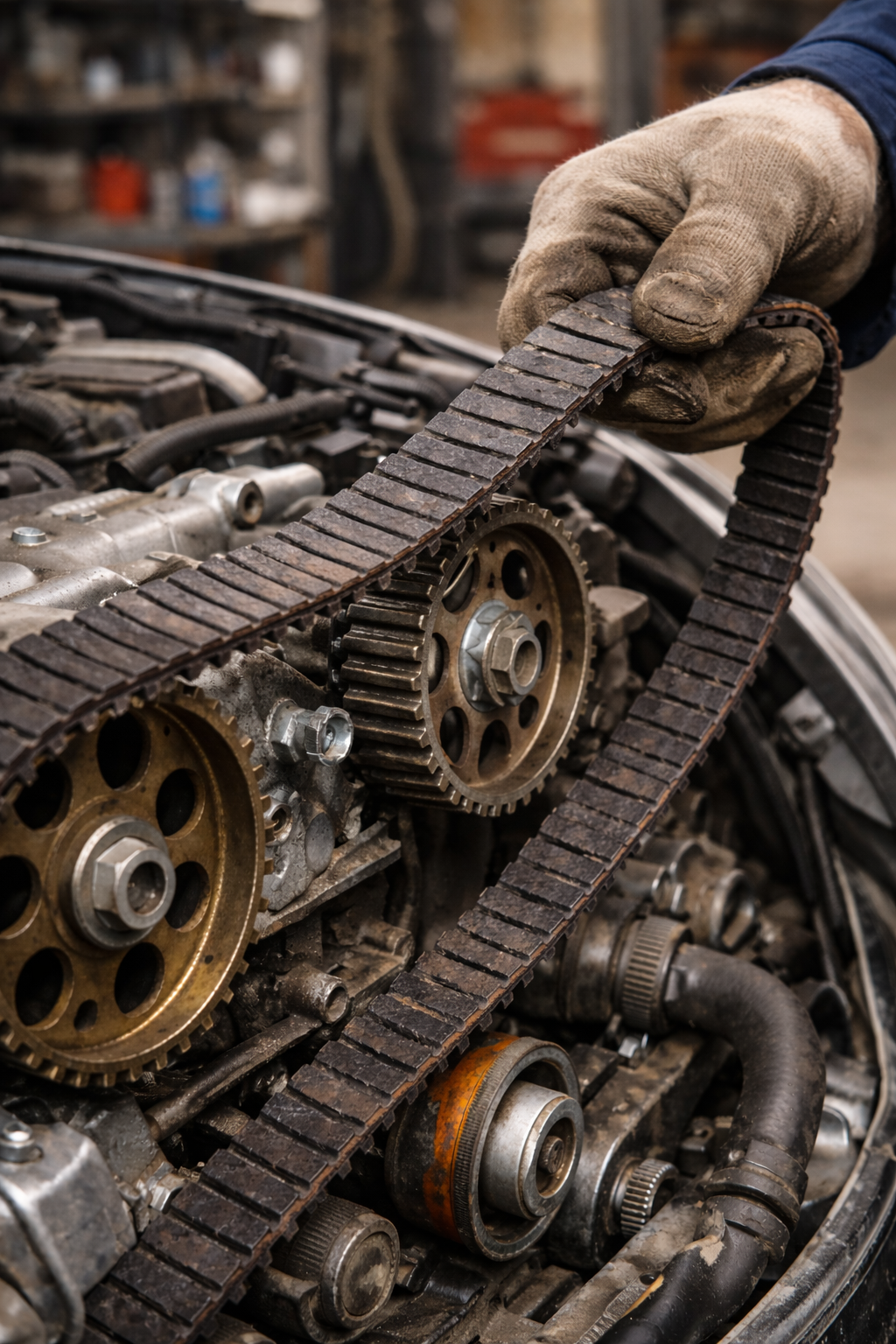 "نمای نزدیک از یک تسمه تایم که از موتور خودرو جدا شده و نشاندهنده سفتی و فرسودگی آن است، با تأکید بر قطعاتی مانند پولیها و چرخدندهها."