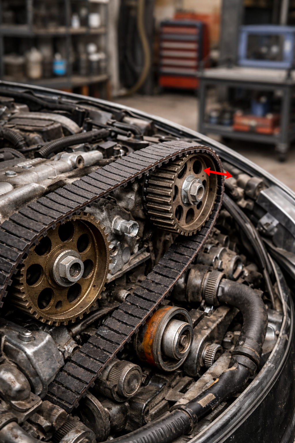 "تصویر با کیفیت بالا از موتور خودرو که به دلیل سفت شدن تسمه تایم دچار تغییرات و عدم هماهنگی در حرکت اجزای آن شده است، با پسزمینهای شامل ابزار و تجهیزات تشخیص."