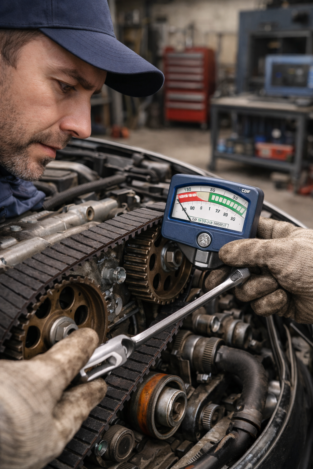 "نمای واقعگرایانه از یک مکانیک در حال تنظیم کشش تسمه تایم در موتور خودرو با استفاده از ابزارهای مخصوص و در یک محیط تعمیرگاهی روشن و مرتب."